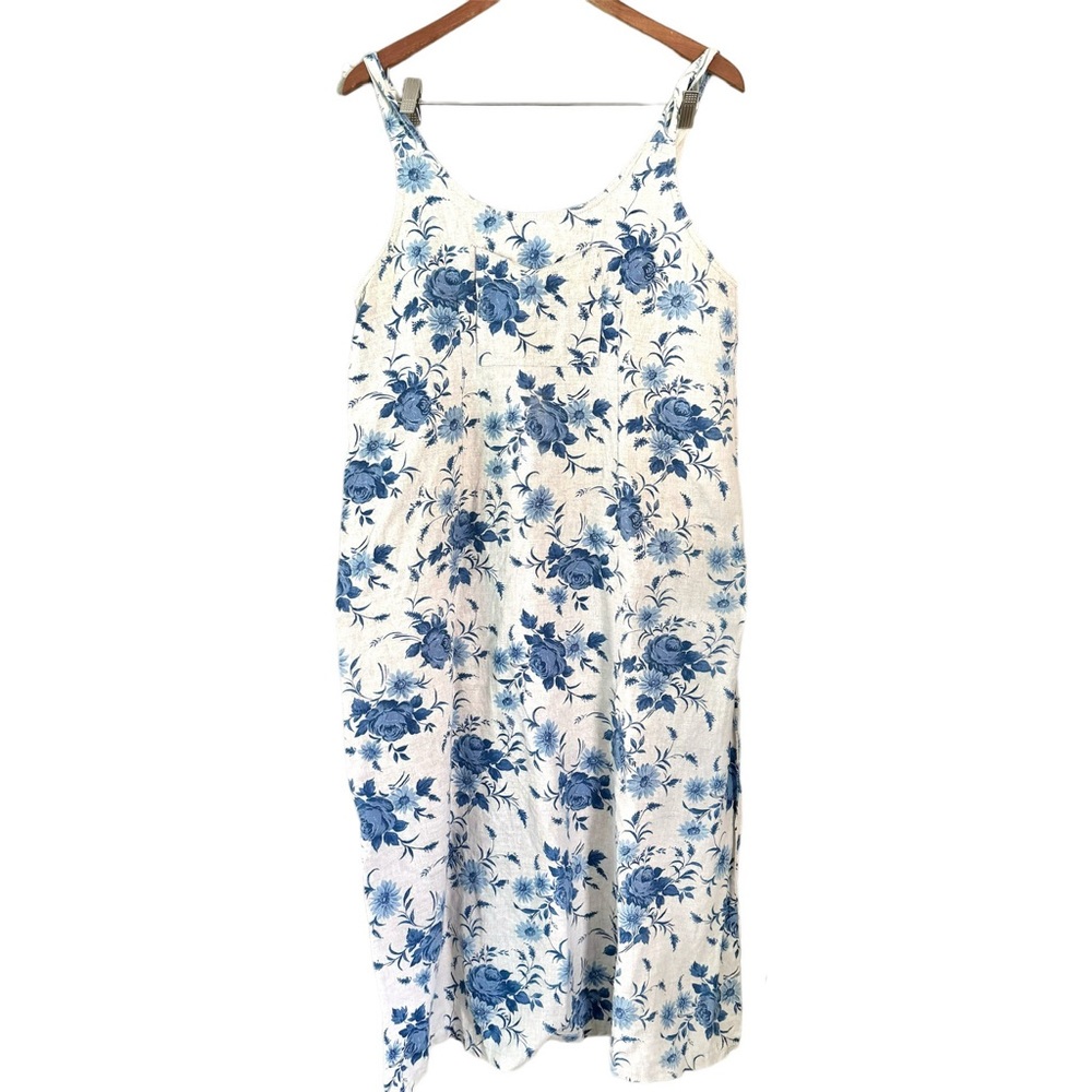 Vintage You and Me Linen Blend Floral Lagenlook Overall Dress Beige Medium